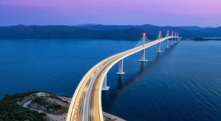 Aerial,View,Of,Modern,Peljesac,Bridge,And,Blue,Sea,At