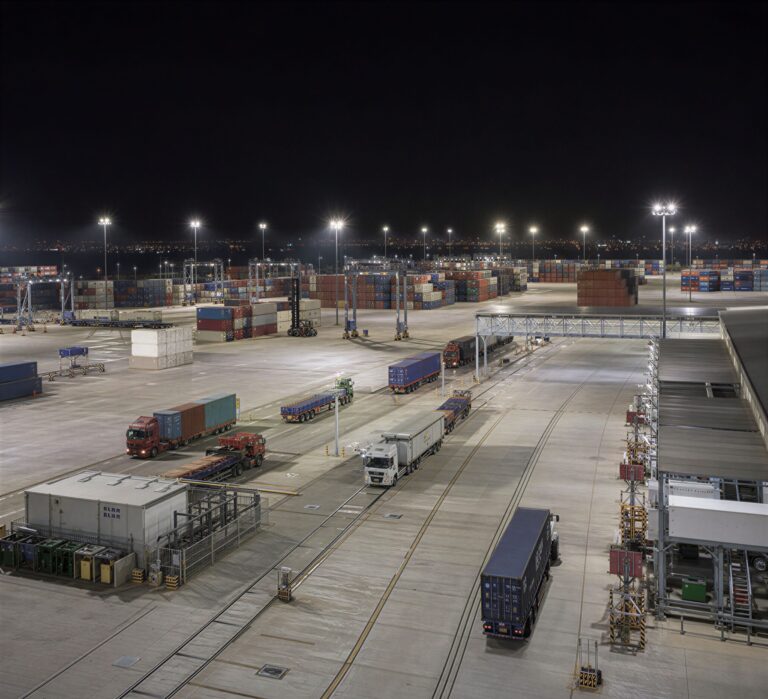 Large,Logistics,Yard,At,Night,,Container,Storage,Terminal,,Loading,Docks,