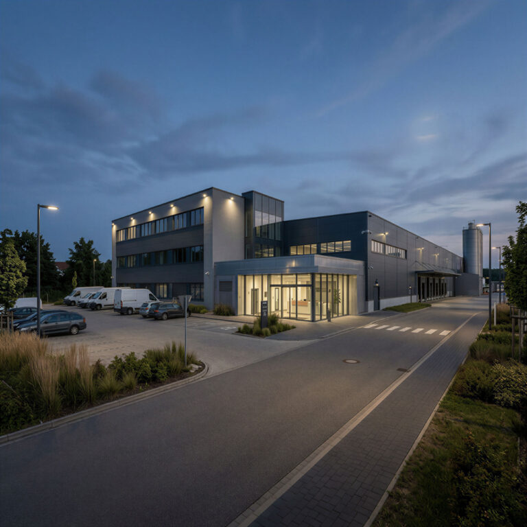 Photorealistic exterior of a modern industrial company at dusk. The image shows a representative entrance connected to a real manufacturing facility, with an administration building, access road, parking area, pedestrian route, corporate facade and maintained landscaping.