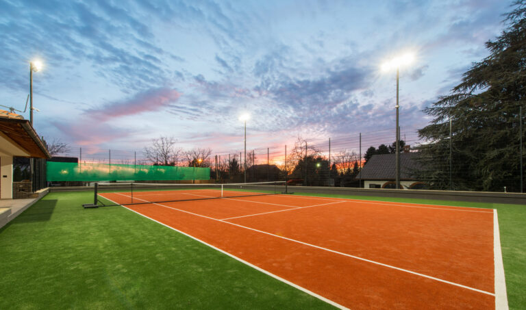 Tennis,Court,At,A,Private,Estate,In,The,Twilight,And
